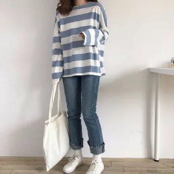 Ženské mlieko hodváb top 2020 nové dlhý rukáv T-shirt kórejská verzia všestranný prúžok voľné šaty harajuku tričko streetwear