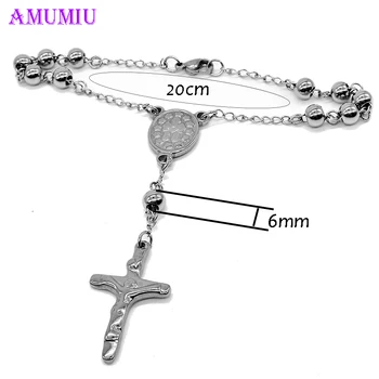 AMUMIU 20 CM*6MM korálok ruženec Náramok Pre mužov kríž Katolíckej cirkvi z Nerezovej ocele 316l šperky B019B