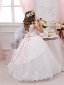 Roztomilý Biela Kvetina Dievča Šaty s Ružovým Luk Čipky Appliques prvé sväté prijímanie šaty pre dievčatá, plesové Šaty, šaty pre dievčatá Svadbu