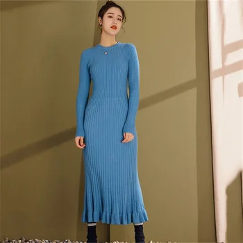 Dno Jeseň Šaty s Dlhým Rukávom Voľné Rukáv Slim Stredná-dĺžka Prijaté Pletené Šaty 2019 kórejský Edition