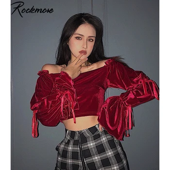 Rockmore Vintage Červená Sexy Mimo Ramenný Luk Velvet T-Shirt Ženy Streetwear Šnúrkou Dlhý Rukáv Tees Topy Harajuku kórejského
