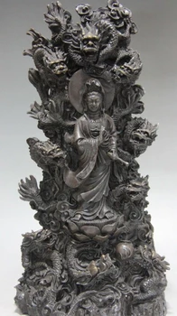 Tibete Budhizmus Meď, Bronz Deväť Dragon Guan Yin Kwan-yin Boddhisattva Socha