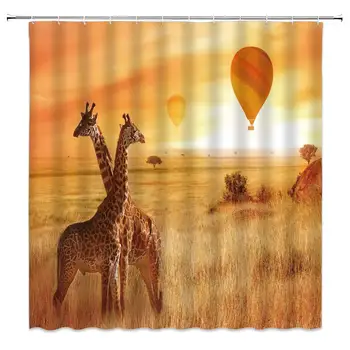 Žirafa Sprchový Záves Afriky trávnych porastov Zvierat teplovzdušný Balón v západe Slnka,70x70 Palcový Polyesterové Tkaniny, kúpeľňové Doplnky