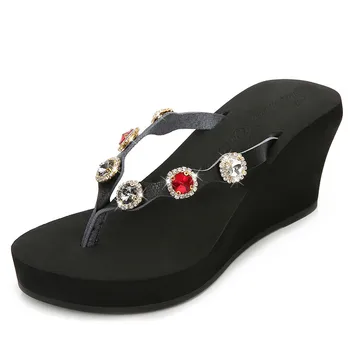 YAERNI Letné topánky žena platformu sandále ženy bežné klin mäkké kožené tangá crystal ženy ploché topánky ženy papuče