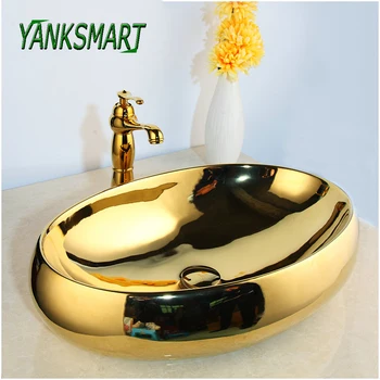 YANKSMART Pevné Brass Zlaté Luxusné Keramické Umývadlo Kúpeľňa Ťuknite na položku Umývadlo Umývadlo Umývadlo Nastaviť Vaňa Kombinovať Zmiešavacie Batérie