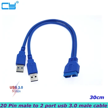 5Gbps Dual Port USB 3.0 Samec na Doske Muž 20kolíkový kábel Kábel Adaptéra 19 Pin USB Predlžovací Kábel 30 CM