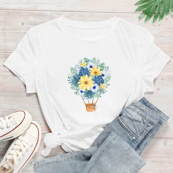 Vtipné Farebné kvety a teplovzdušný balón Grafické Nové Tričko Ženy všestranný Nádherný T-shirt Lacné Streetwear Dizajn Tričko