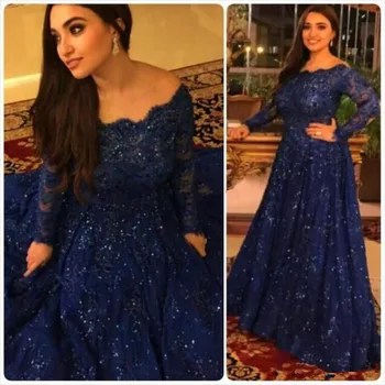 Iskrivý Vintage Večerné Šaty 2019 Dlhé Rukávy Korálky Kryštály Rozstrapatené Sweep Vlak Plus Veľkosť arabčina Námornícka Modrá Čipky prom šaty
