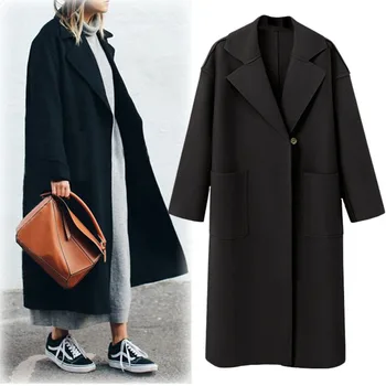Kórejský Zimné Dlhý Kabát Ženy Plus Veľkosť S-XL Vrecku Pevné Denne Teplé Oblečenie Ručné Slim Fit Kabát Teplé Outwear Ležérny Top