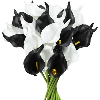 20Pcs Kala Lily Svadobné Svadobné Kytice PU Umelé Kvety Usporiadanie pre Domáce Kancelárske Party Dekor(Čierne a Biele)