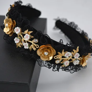 Nový Trend Barokový Velvet Koruny Kovové Kolíky Crystal Kvet Hairband Šperky čipky Príslušenstvo Svadobné Party Tiara Pearl hlavový most Gi