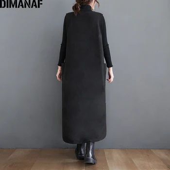 DIMANAF Plus Veľkosť Ženy Vintage Šaty Elegantná Dáma Vestidos bez Rukávov Vrecku Hrubé Čierne Ženské Oblečenie na Jar Dlhé Šaty 2021