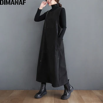 DIMANAF Plus Veľkosť Ženy Vintage Šaty Elegantná Dáma Vestidos bez Rukávov Vrecku Hrubé Čierne Ženské Oblečenie na Jar Dlhé Šaty 2021