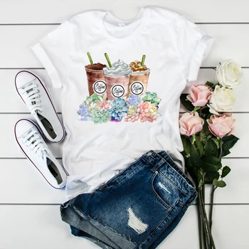 Grafické Žena Dámske Dámy Slečna T-Shirt Tumblr Tričko T-shirts Ženy Tlač Oblečenie Mačka Packa Kávy Módne Tričká Topy