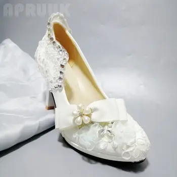 Biela čipka čerpadlá nové príchodu 2020 luxusné hadmade crystal kamienkami dámy strany svadobné svadobné plus veľkosť platformy topánky
