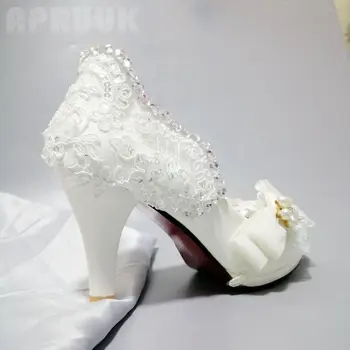 Biela čipka čerpadlá nové príchodu 2020 luxusné hadmade crystal kamienkami dámy strany svadobné svadobné plus veľkosť platformy topánky