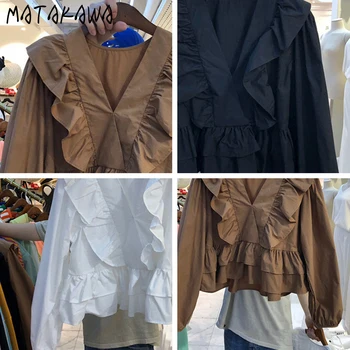MATAKAWA Double-layer Rozstrapatené Blusas Mujer De Moda Kórea Jar Nového tvaru, Blúzky, Ženy Dlho puzdre Tričko Top Ženy