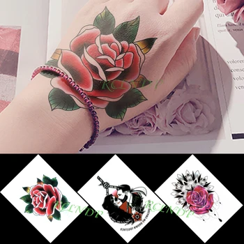 Nepremokavé Dočasné Tetovanie Nálepky Rose Kvitnúce Kvety Strednej Veľkosti V Ruke Flash Tetovanie Falošné Tetovanie pre Mužov, Ženy, Dievča, 3ks