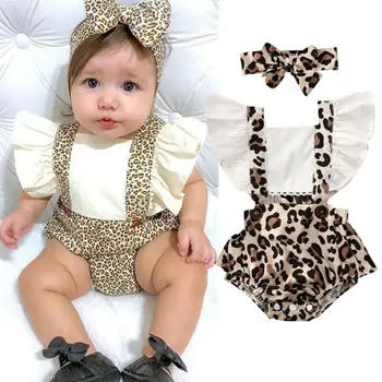 Novorodenca Dievča Oblečenie Leopard Jumpsuit Romper playsuit hlavový most Oblečenie Set