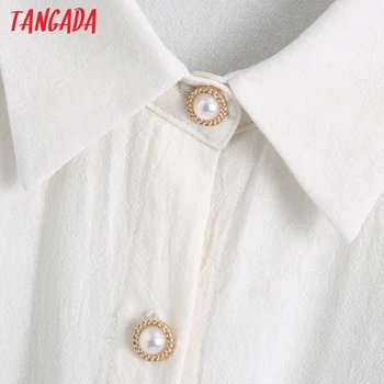 Tangada 2021 Ženy Pearl Tlačidlá Klasické Voľné Tričko Dlhý Rukáv Elegantné Ženy Bežné Topy Blusas BE258