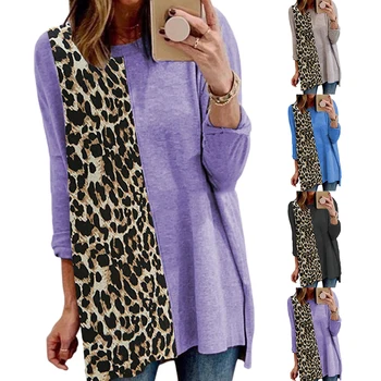 Ženy Štýlový O Krk Dlhý Rukáv Farebný Blok Leopard Voľné Plus Veľkosť Trička Bežné Ženské Šaty, Topy