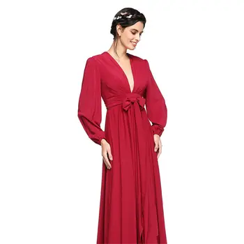 Hlboký V-neck 2020 Šaty Červené Jednoduché Tehotné Ženy Party Šaty Župan De Soiree T478 2019 Plus Veľkosť Dlhé Rukávy Formálne Šaty