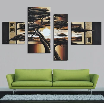 Moderné Abstraktné Hnedé Strom, západ Slnka olejomalieb Skupiny 4 Panel Plátno na Stenu Umenia, Ručne Maľované Domova pre Obývacia Izba Dekoratívne