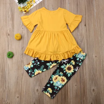 Boutique Deti, Baby, Dievčatá Horn kvet vyhovovali dlhý rukáv žltá Prehrabať Flower Šaty, Topy, Nohavice Leginy Oblečenie Set Oblečenia