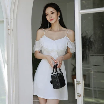 Móda elegantné ženy pohodlné letné čipky mimo ramenný slnko šaty nové príchodu temperament strana biela roztomilý mini a-line šaty