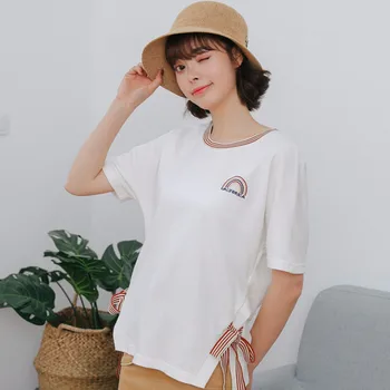 V lete roku 2020 harajuku tričko ženy topy kórejský roztomilý módne t-shirt vyšívané rainbow písmená obväz luk prúžok biele tričko