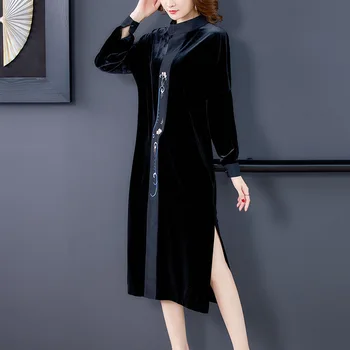 Zamatové šaty 2020 jeseň nové retro výšivky lepšiu cheongsam voľné šaty veľkosť L-4XL vysoko kvalitné a elegantné vestidos