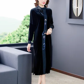 Zamatové šaty 2020 jeseň nové retro výšivky lepšiu cheongsam voľné šaty veľkosť L-4XL vysoko kvalitné a elegantné vestidos