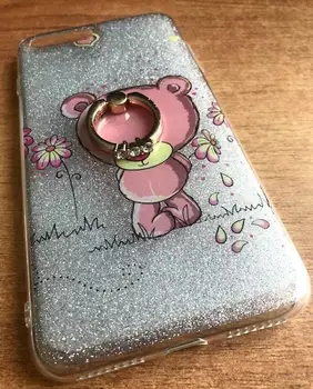Silikónové puzdro pre iPhone 7 Plus / 8 Plus s flitrami a krúžok-stojan medvedík s kvetom