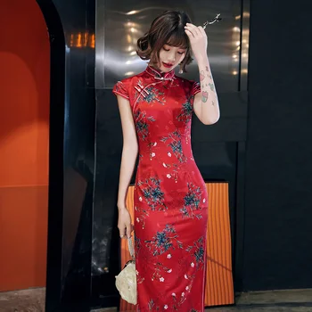Tradičné Čínske Šaty Cheongsam Klasická Čierna Pobočiek Na Červené Dlhé Šaty Sexy Split Tang Kostým Lady Banquet Qipao