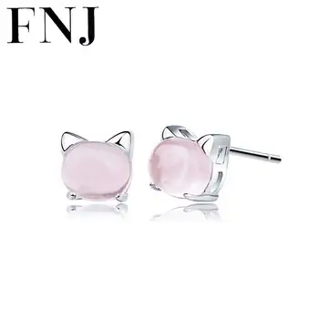FNJ Mačka Náušnice 925 Silver Šperky Originálne rose quartz Čistý S925 Mincový Striebro Stud Náušnice pre Ženy