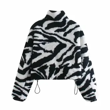 Zebra-Prúžok Ženy Hrubé Bundy Dlhý Rukáv Baránok, Vlnené Kabáty Jeseň Zima Šnúrkou Zips Streetwear Oblečenie Femme Veste