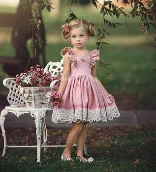 Deti, Dievčatá, Sladké Leto Volánikmi Ružová Farba Princezná Kvety Šaty Čipky Tutu Dievčatá Krásne Šaty