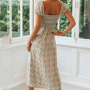Foridol lístkového rukáv české štrbinou dlhé šaty žien letné beach tlačidlo v krku kvetinový maxi šaty backless šaty vestidos