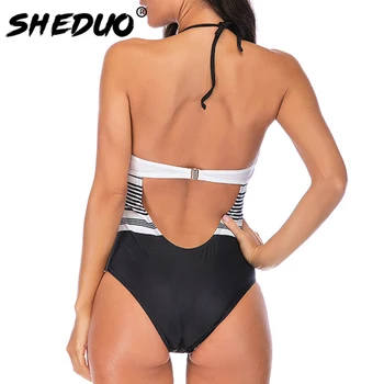 Jeden kus Ženy Sexy Plavky Backless Ohlávka Pruhované Tlač plavky Plážové Celých Plaviek 2019 Nové