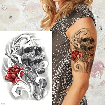 Tetovanie na ruku rukávy kostra dočasné tetovanie mužov ramenný rukáv tetovanie nálepky tela veľké čierne tetovanie v čínštine charactor lebky
