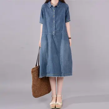 Ženy, Modrá Denim Šaty Letné 2020 Príležitostné Voľné Klope Krátky Rukáv Elegantné Koleno Dĺžke Šaty Femme Pevné Kórejský Džínsy, Šaty