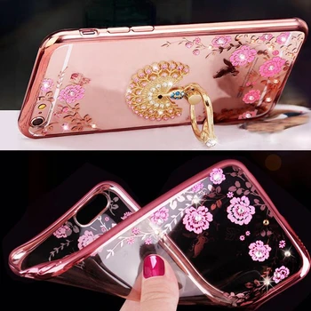 Krištáľový Lesk Diamond Kvet obal Pre Samsung S8 S10 Plus Kryt Pre iPhone X 6 6 7 8 Plus Prst Prsteň Stáť Držiak Telefónu Prípade