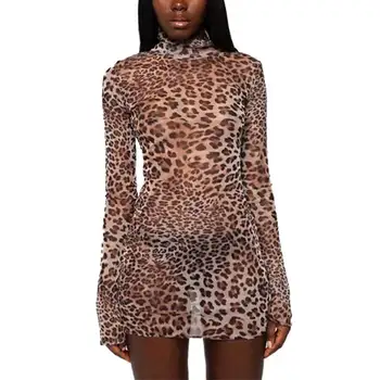 Ženy Sexy Vysoký Golier Oka priehľadné Šaty s Dlhým Rukávom Leopard Split Šaty pre Strany Klubu