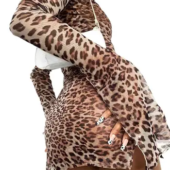 Ženy Sexy Vysoký Golier Oka priehľadné Šaty s Dlhým Rukávom Leopard Split Šaty pre Strany Klubu