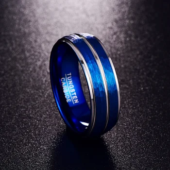 Modrá tĺkol kartáčovaný povrch groove leštené skosený 8 mm šírka eleganciu karbid volfrámu prstene pre mužov