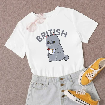 Moderné Jednoduchosť, Štýl Ženy Tričko Voľné Nádherné Krátky Rukáv BRITISH List Tlač Grey Cat Graphic Nimation Jeseň Top