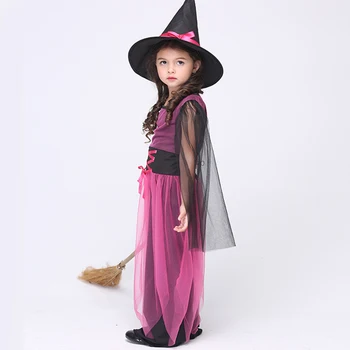 Halloween Girl Black Fly Kostým Čarodejnice Dlhé Šaty S Čipkou Klobúk Cape Strany Cosplay Maškarný Karneval Oblečenie Pre Deti Deti