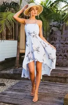 Letné šaty 2018 dievča šatka okolo kvetinový tlač modrá ženy šaty, sexy backless plážové šaty české Xnxee