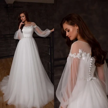 Lakshmigown Princezná Bieleho Tylu Boho Svadobné Šaty Plus Veľkosť 2020 Župan Mariage Čipky Späť Dlhý Rukáv Svadobné Šaty Vestidos