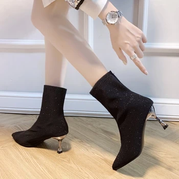 2020 Jeseň Luxusné Ženy, Ponožky, Topánky Exotickej Tanečnice Vysoké Podpätky Stiletto Topánky Zimné Móda Strečové Tkaniny Topánky Plus Veľkosť topánky